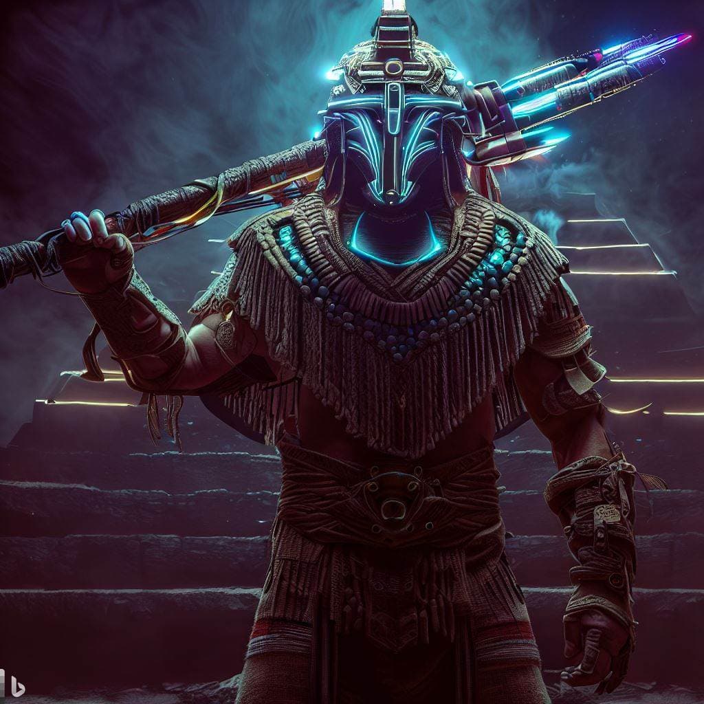 AI generated: wide-photography futuristic sci-fi masked aztec warrior tlatoani holding atlatl, imposing, lights on...