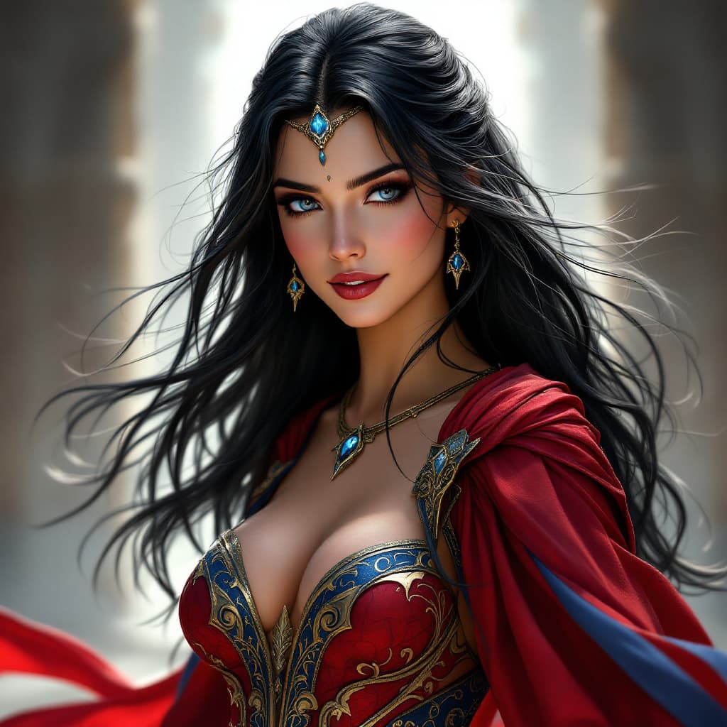 AI generated: A beautiful warrior princess with long raven black hair, blue eyes, and clear face in red and blue r...
