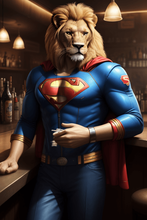 AI generated: A Lion is smoking in a bar, hyperrealistic futuristic wearing superman jacket, , 8k, artstation

