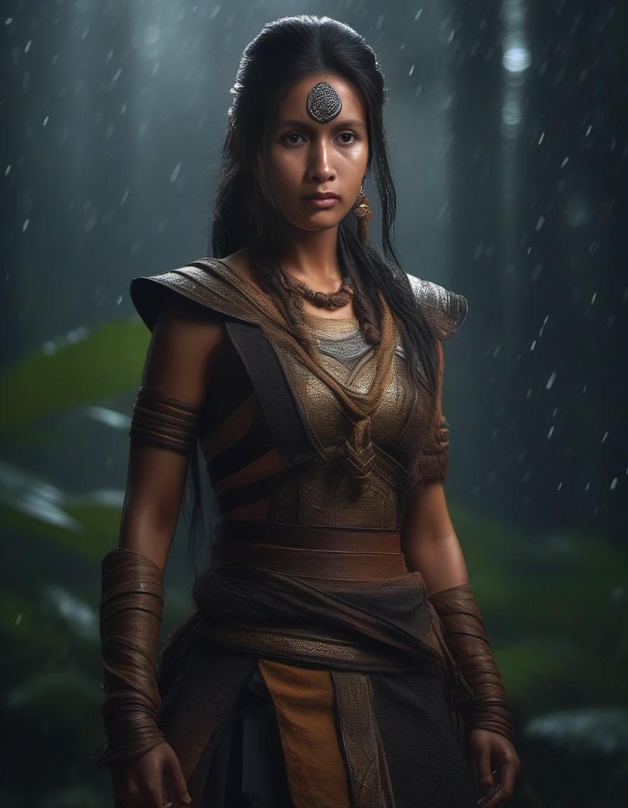 AI generated: Photo of a seductive Amazon warrior, hyper detail, intimate facial expression, handcrafted cloth wor...