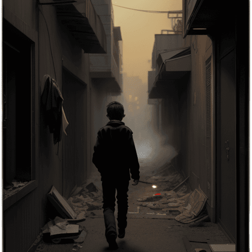 AI generated: A boy walking down an alley at night with his head down and smoking a cigarette, and behind him a sc...