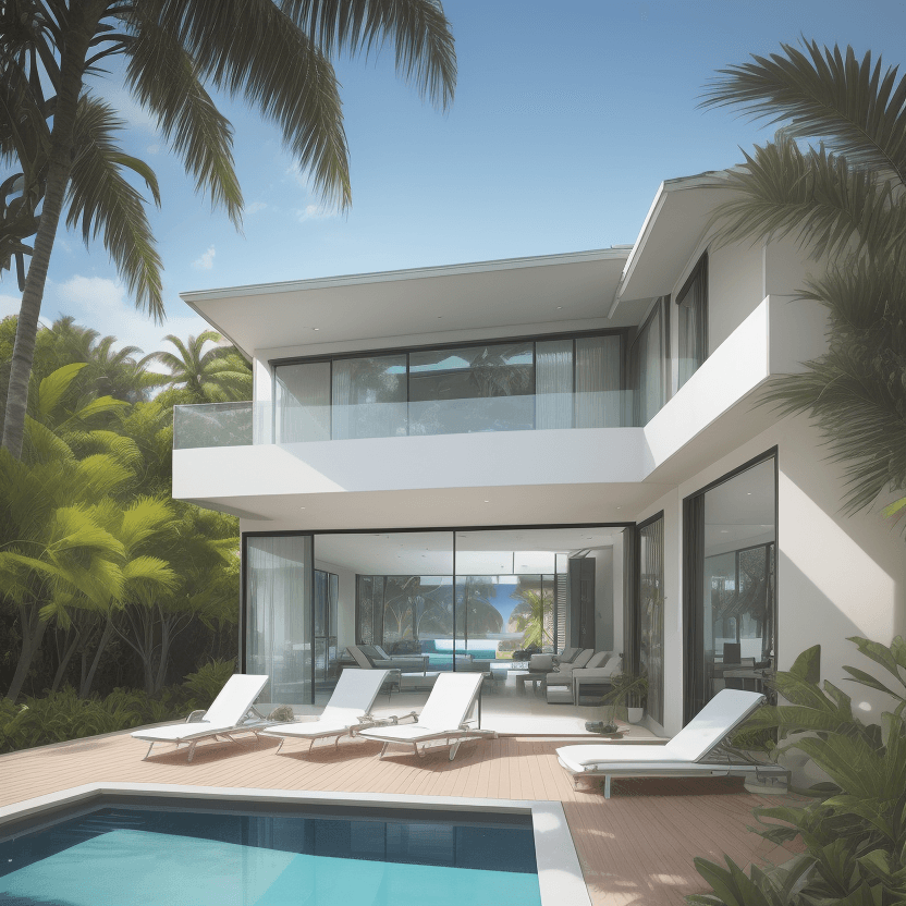 AI generated: Create a photorealistic image of a modern luxury house with expansive glass windows and flat roofs, ...