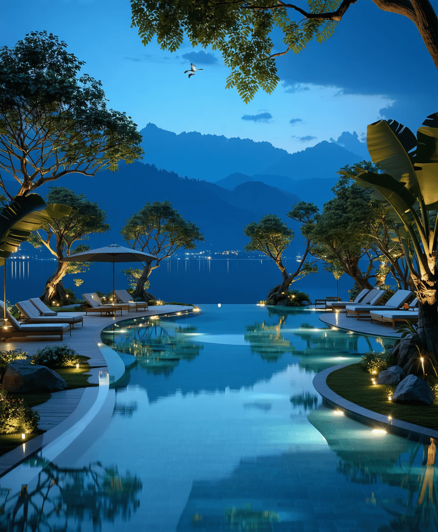 AI generated: Ultra-high end photo cinematic / realstic for exterior high end international resort / blue hour / c...