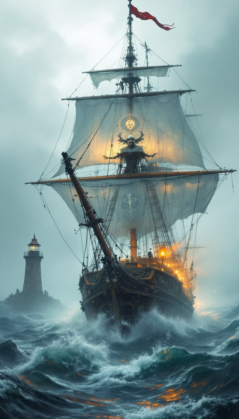 AI generated: Imagine a steampunk, rusty tall ship, ghostly as it sails through the mist in the style of the legen...
