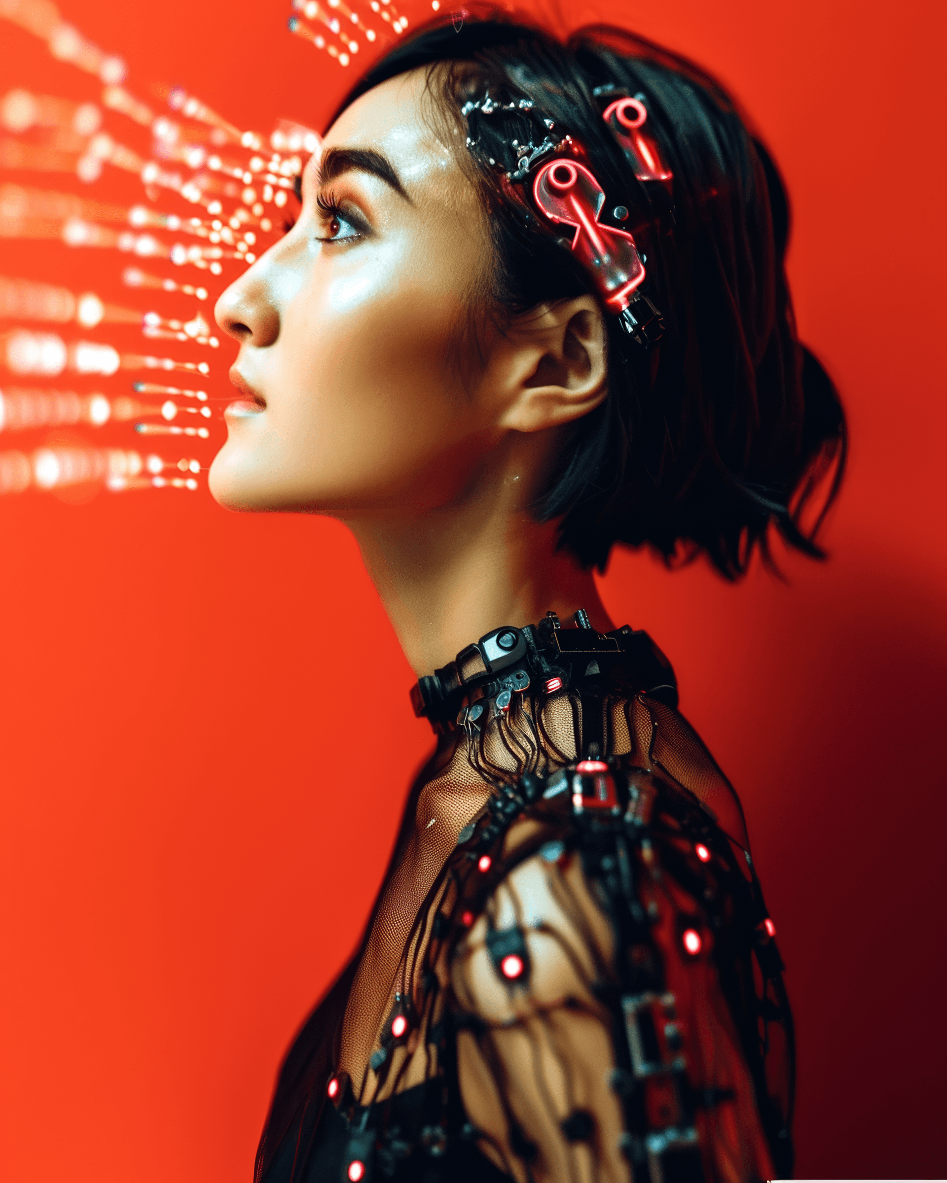 AI generated: A beautiful Asian woman with robotic features, covered in transparent plastic and metal parts, again...