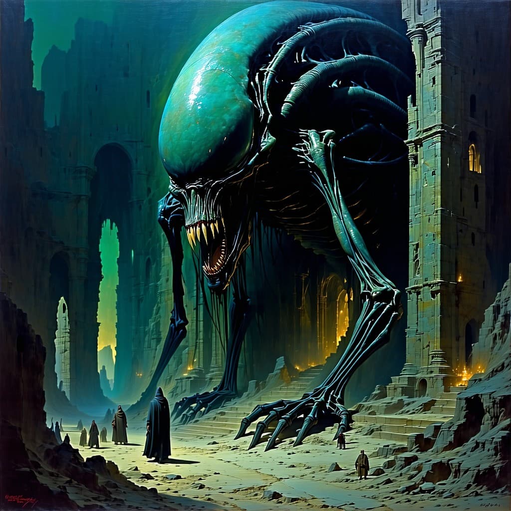 AI generated: combine the horror styles of Zdzislaw Beksinski, Dariusz Zawadzki to create a dark fantasy, ancient ...