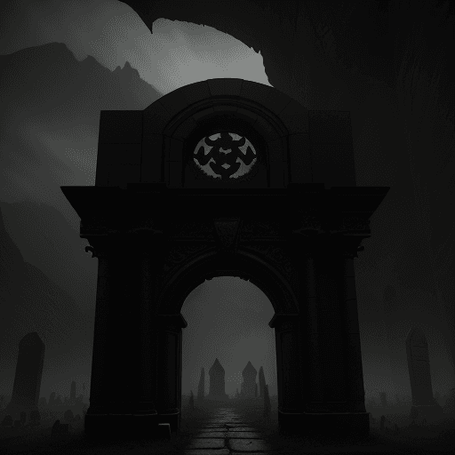 AI generated: Gothic macabre surreal setting. Stone arch above with "Dread Domain" carved in black. Below the arch...