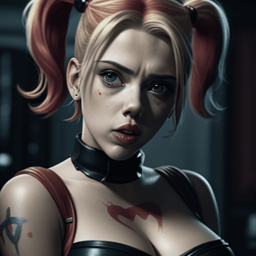 AI generated: Ultra realistic photo of Scarlett Johansson as Harley Quinn in a film by the company BLACKED