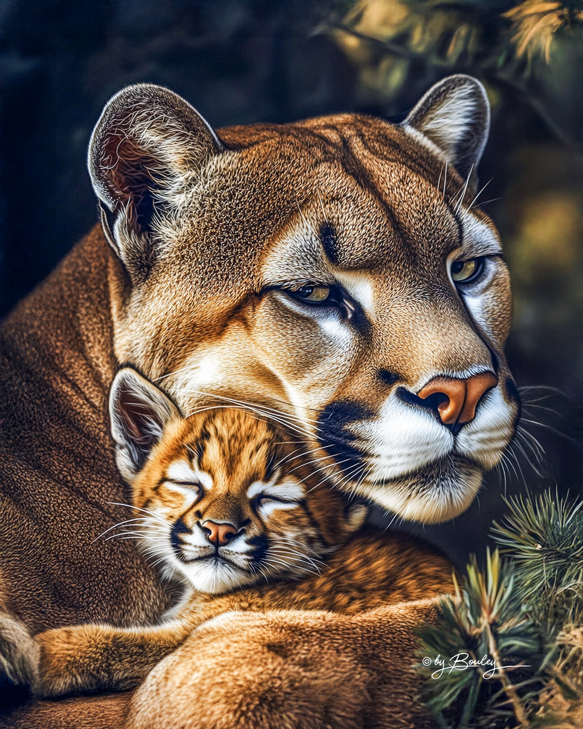 AI generated: realistic fine art of a cougar and her cub, both with their eyes open, resting against each other, s...