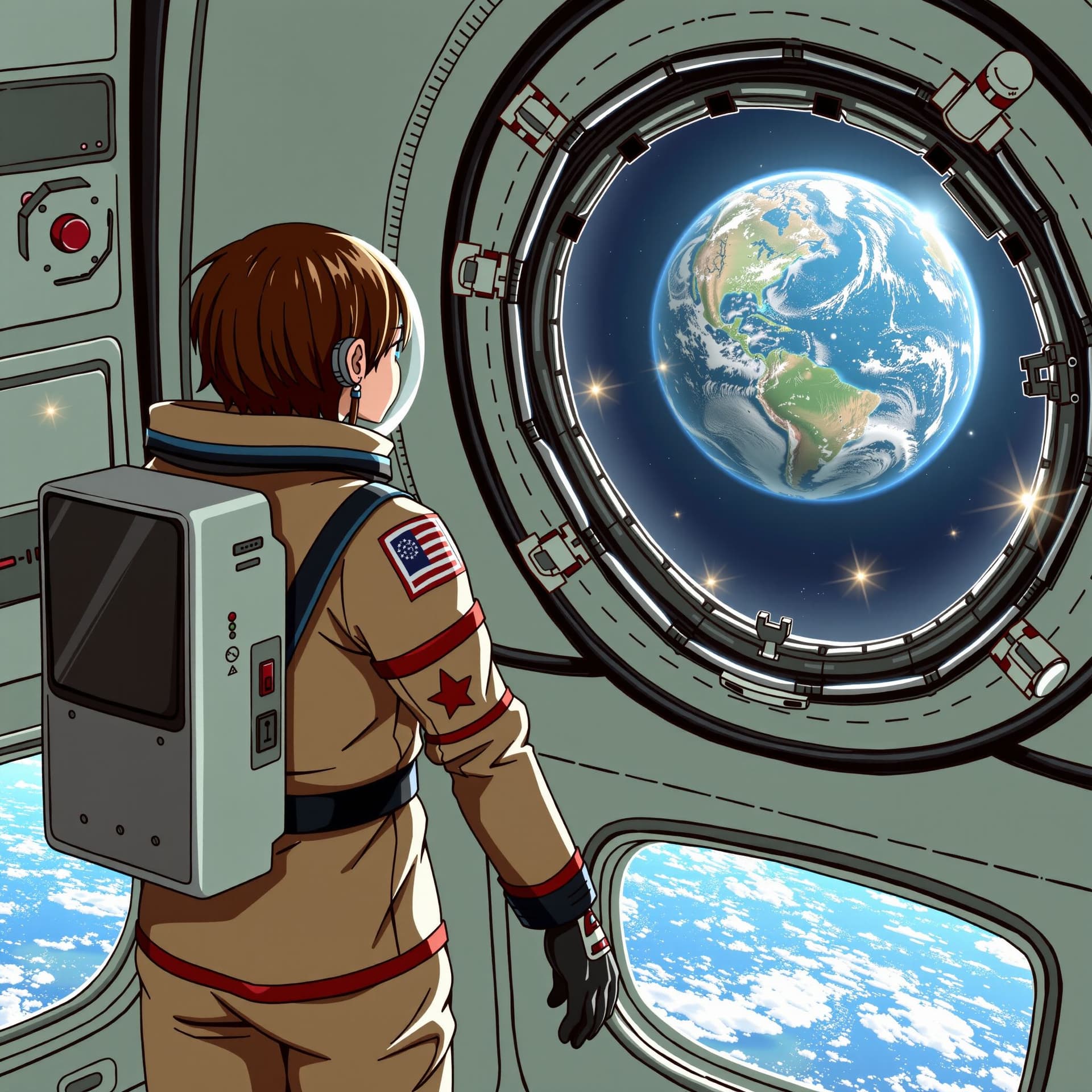 AI generated: "A lone female astronaut gazing at Earth through her ship s window, solitude and strength, cinematic...