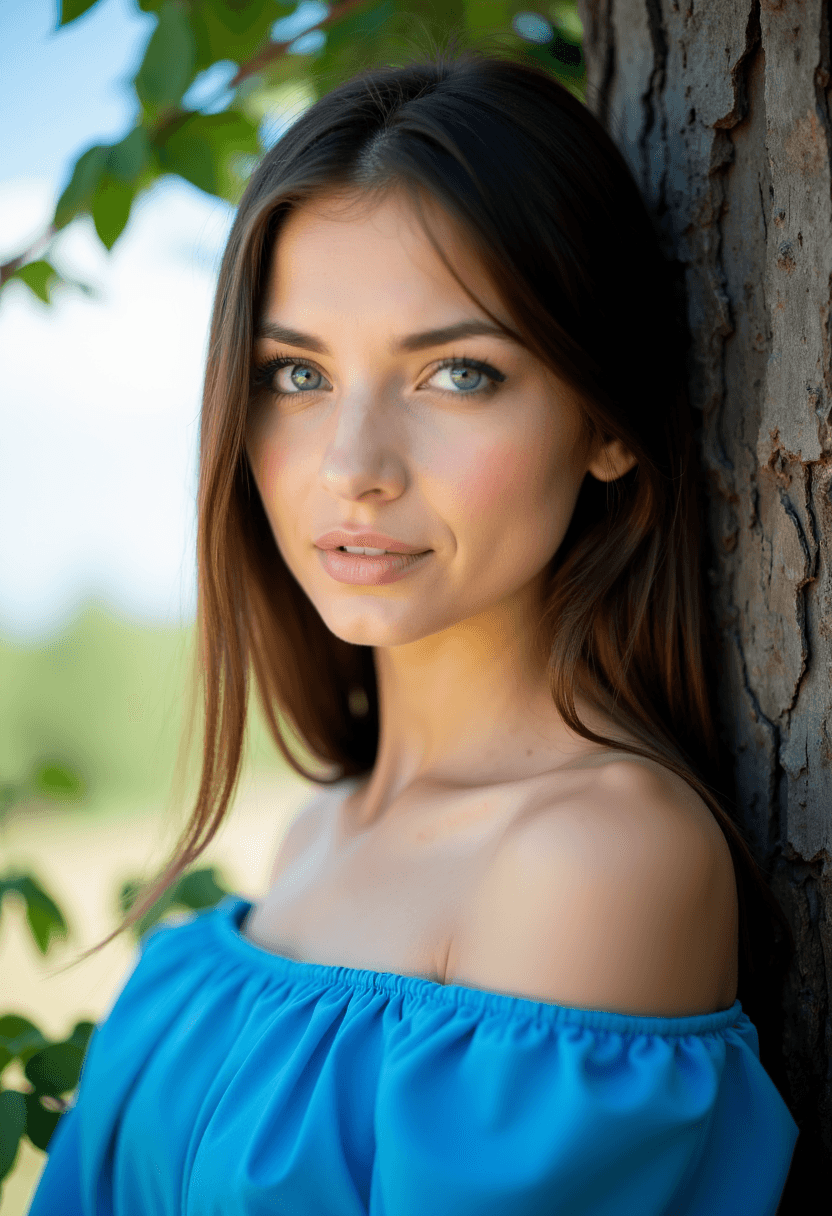 AI generated: A woman with long brunette hair and striking blue eyes is the focal point. She's wearing a bright bl...