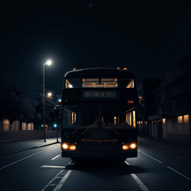 AI generated: far away view of a dark bus from the sides, under the moonlight, night sky, dim-lit street, differen...