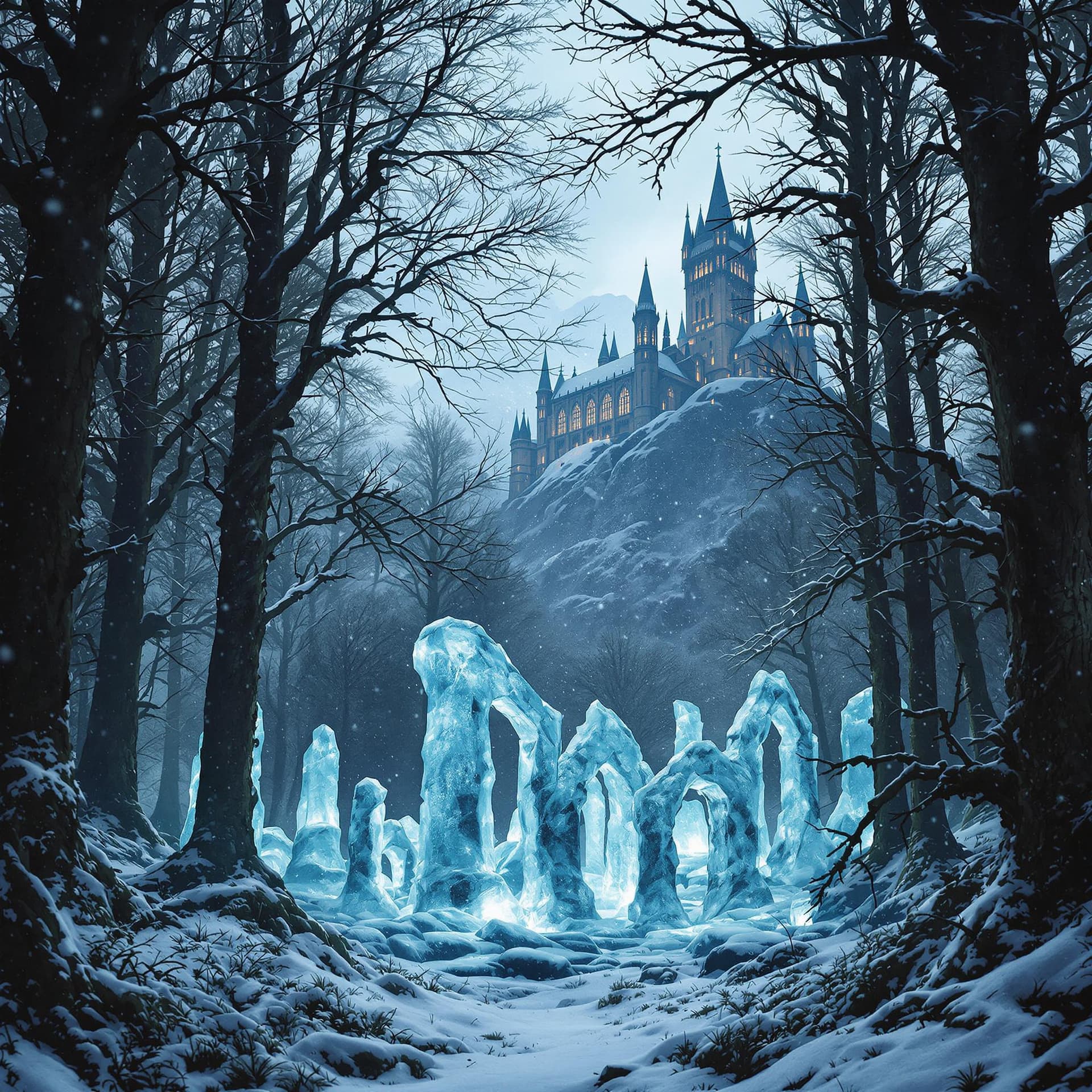 AI generated: A hyperrealistic medieval film scene featuring a forest filled with tall trees and overgrown branche...