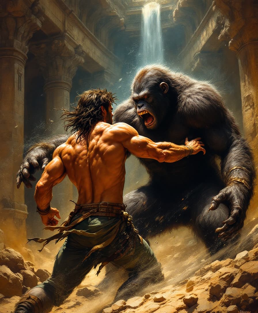 AI generated: An epic Frank Frazetta painting depicting the torso and head of a muscular man battling a giant ape ...