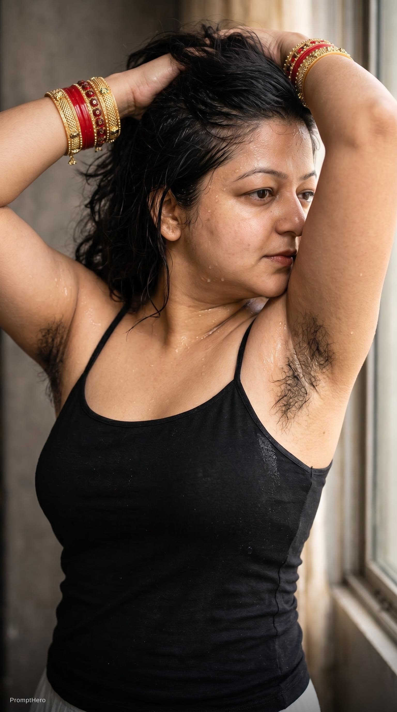 AI generated: Sweaty skin and hair and showing armpit sweaty hair patch and pose like holding two hands on up hair...
