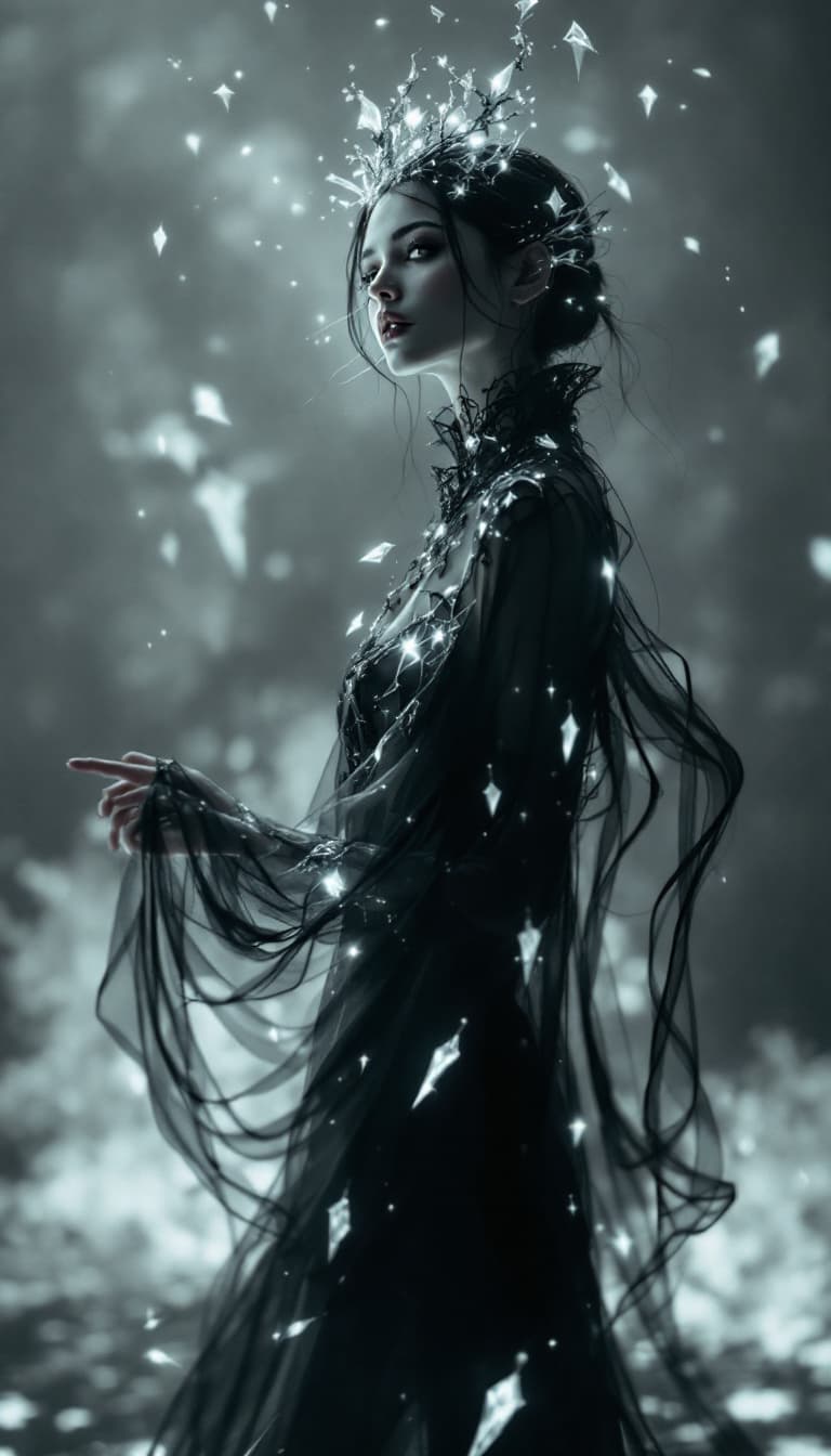 AI generated: An ultra-realistic, full-body portrait of a captivating shadow puppeteer woman, radiating ethereal g...