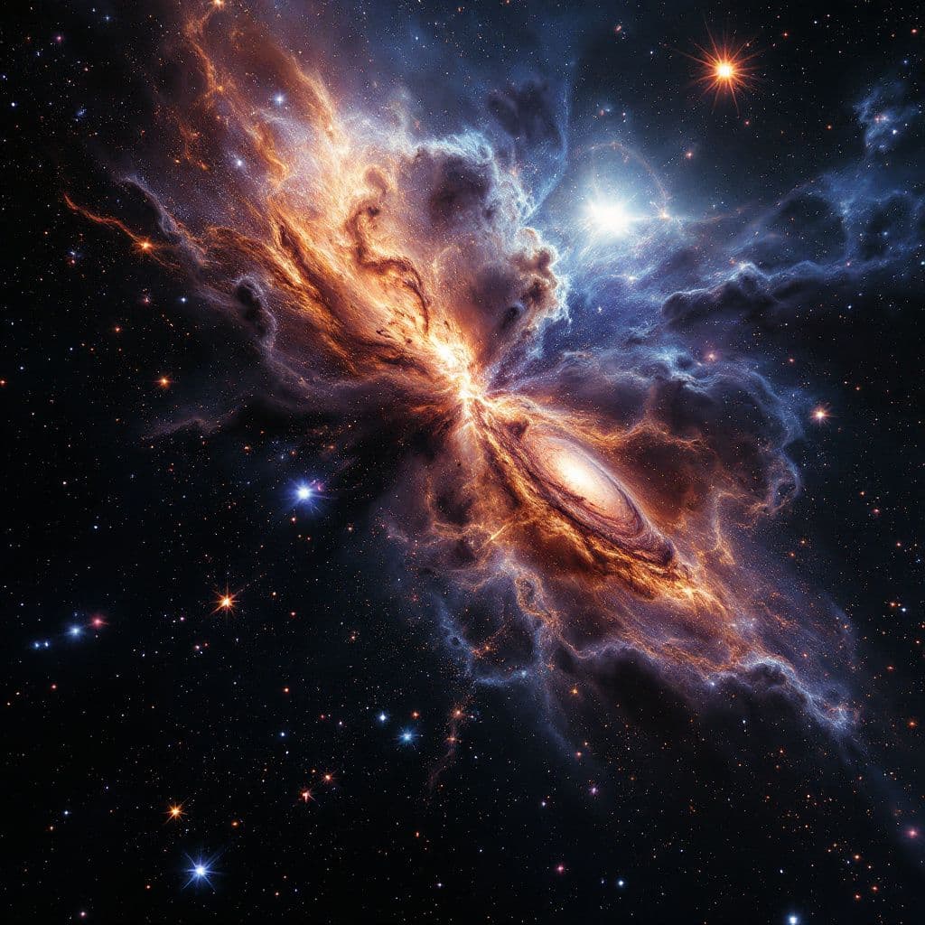 AI generated: A view of a galaxy collision. The style is reminiscent of a Hubble Space Telescope image, with a foc...