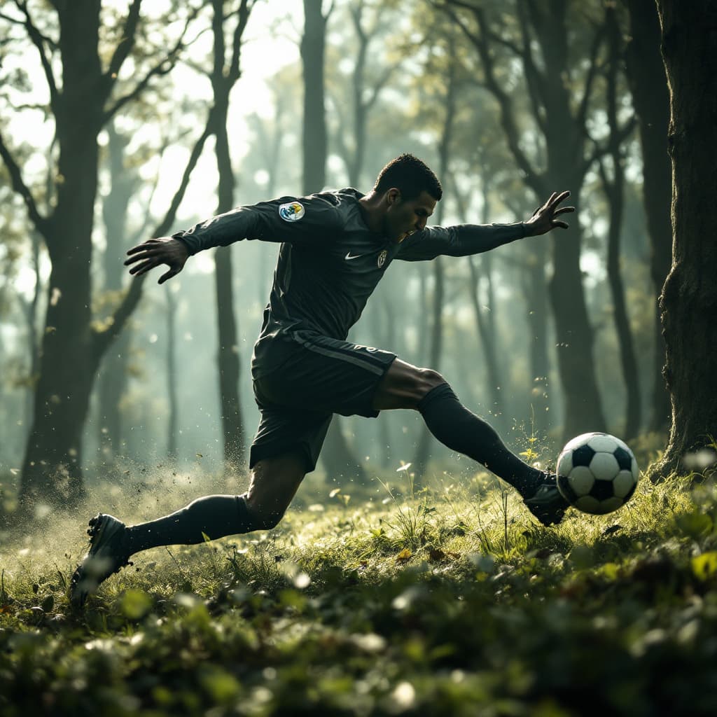AI generated: Ronaldo scoring an unbelievable goal in the slender man woods, with slender man in goal, 8k, HD, nan...