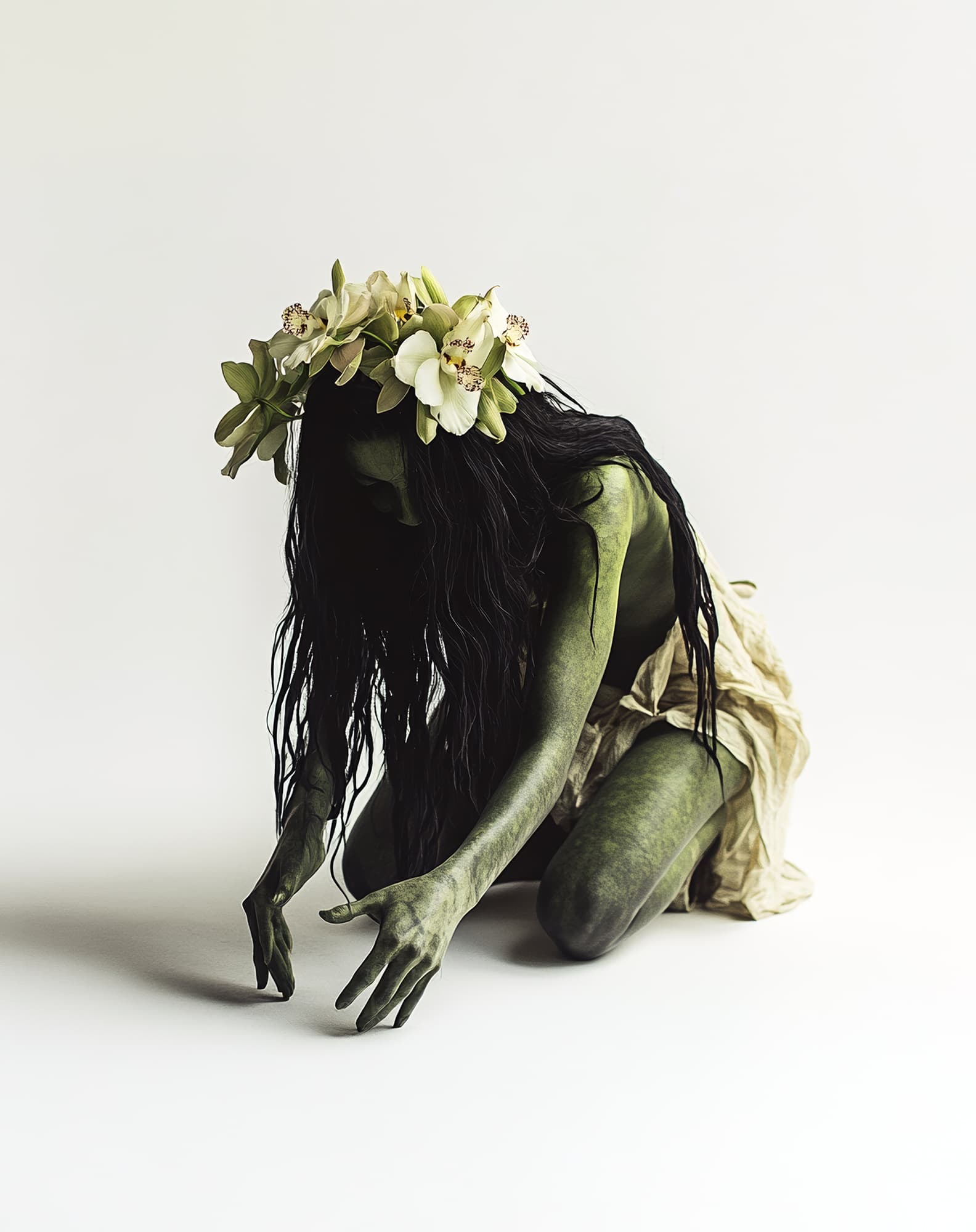 AI generated: A photograph depicting a simple scene of a green-skinned woman with long black hair and orchid flowe...