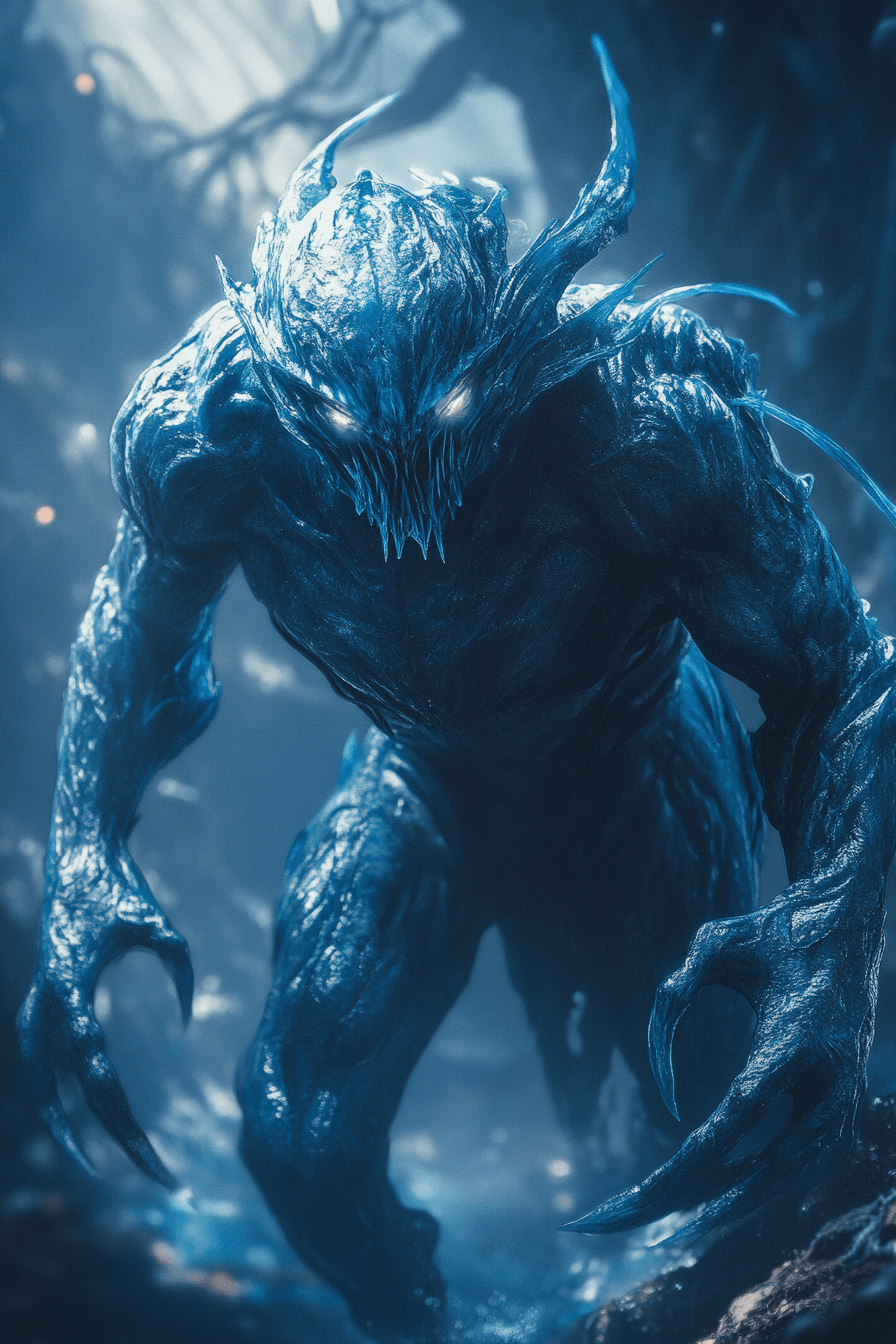 AI generated: Character design creature of water elemental, heroic, deep sea, highly detailed, dark-blue color, vo...