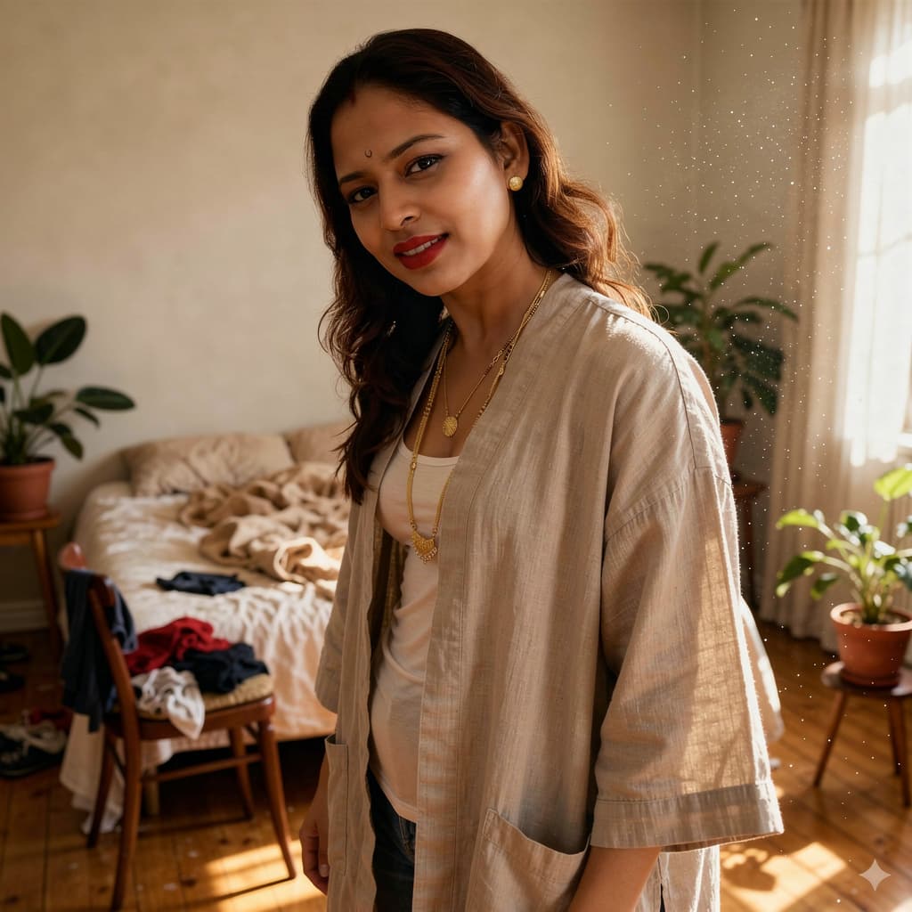 AI generated: Observational documentary image of a young female at home at noon, thin robe worn open, sheer fabric...