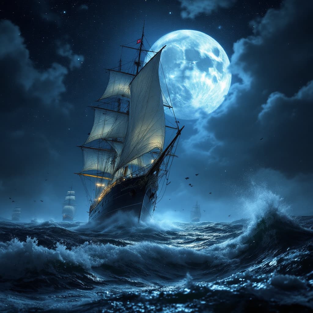 AI generated: Photo of an ultra-realistic sailing yacht the EOS, in dramatic moon light, stars across the sky, hea...