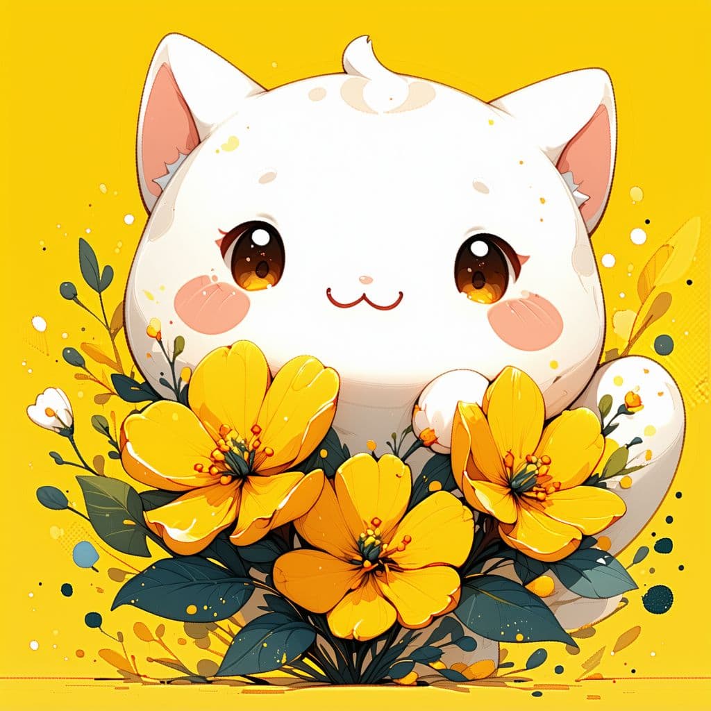 AI generated: illustration, vector cartoon-style, cute floral bunch , zoom in, expressive eyes and a playful demea...
