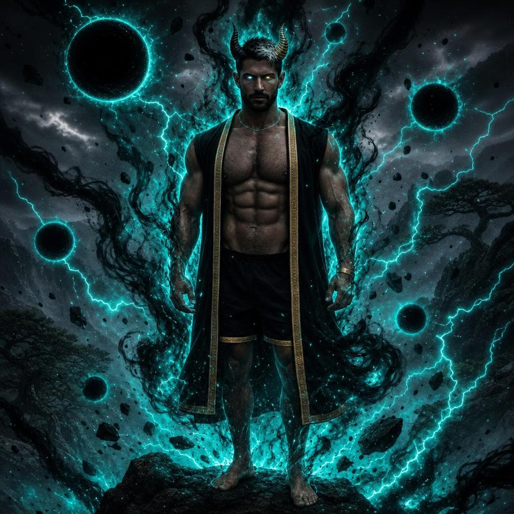 AI generated: make this man emanate a teal god like aura that controls black holes, shadows and black lightning wi...