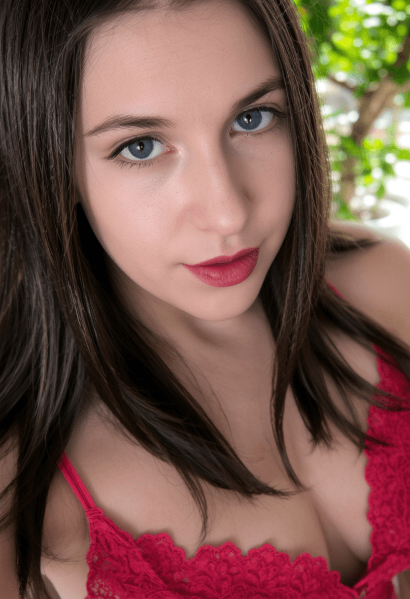 AI generated: A photorealistic, close-up portrait of a woman with long, straight, chestnut-brown hair, parted slig...