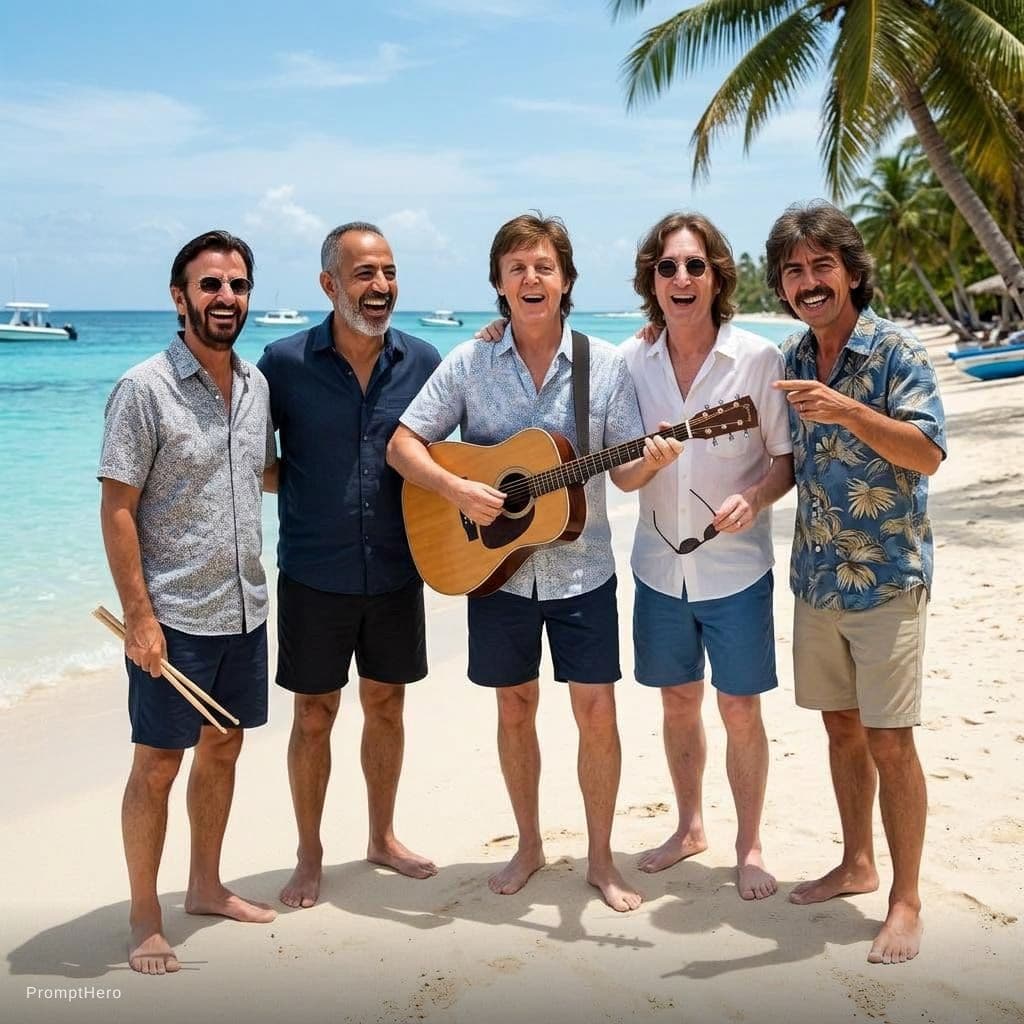 AI generated: with the beatles at a tropical beach, sunny day, both smiling