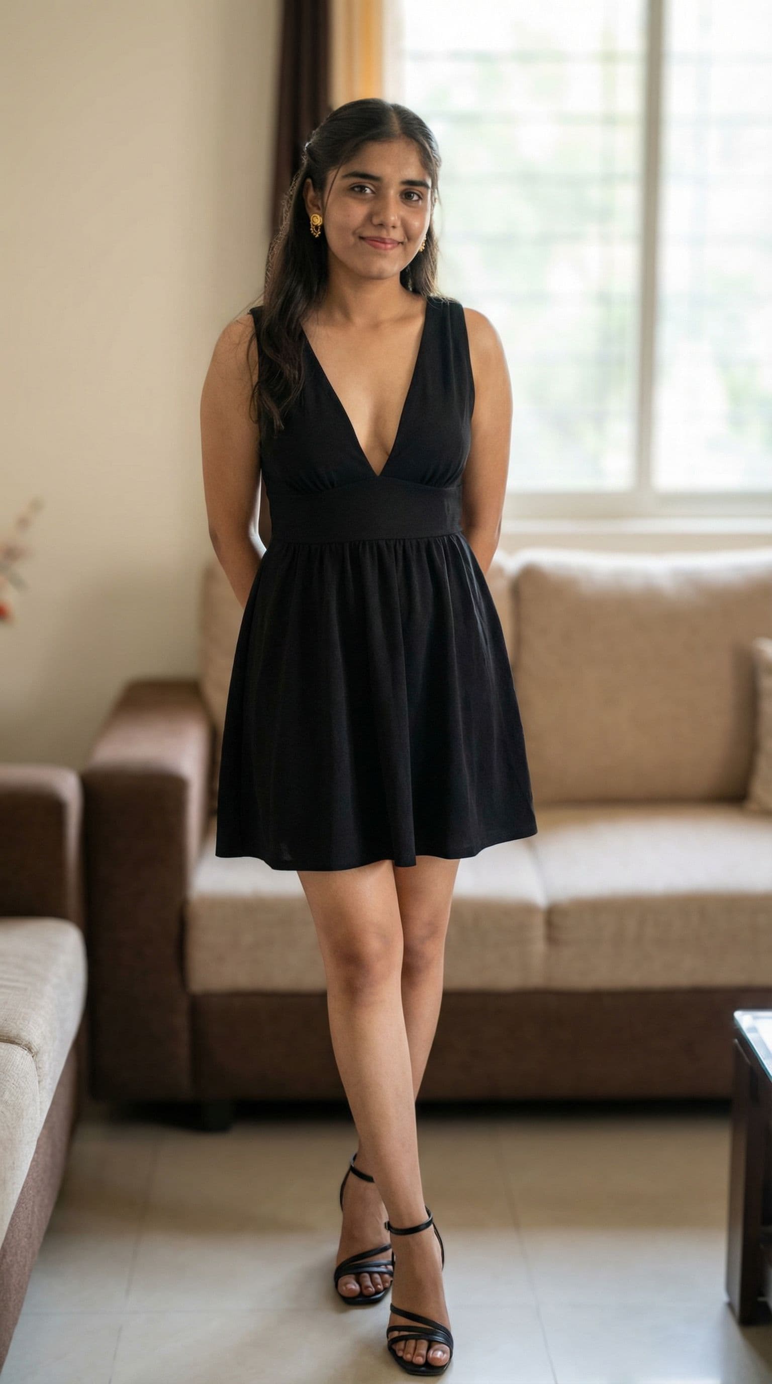 AI generated: Generate a picture of this girl wearing dee V neck mini dress of full body