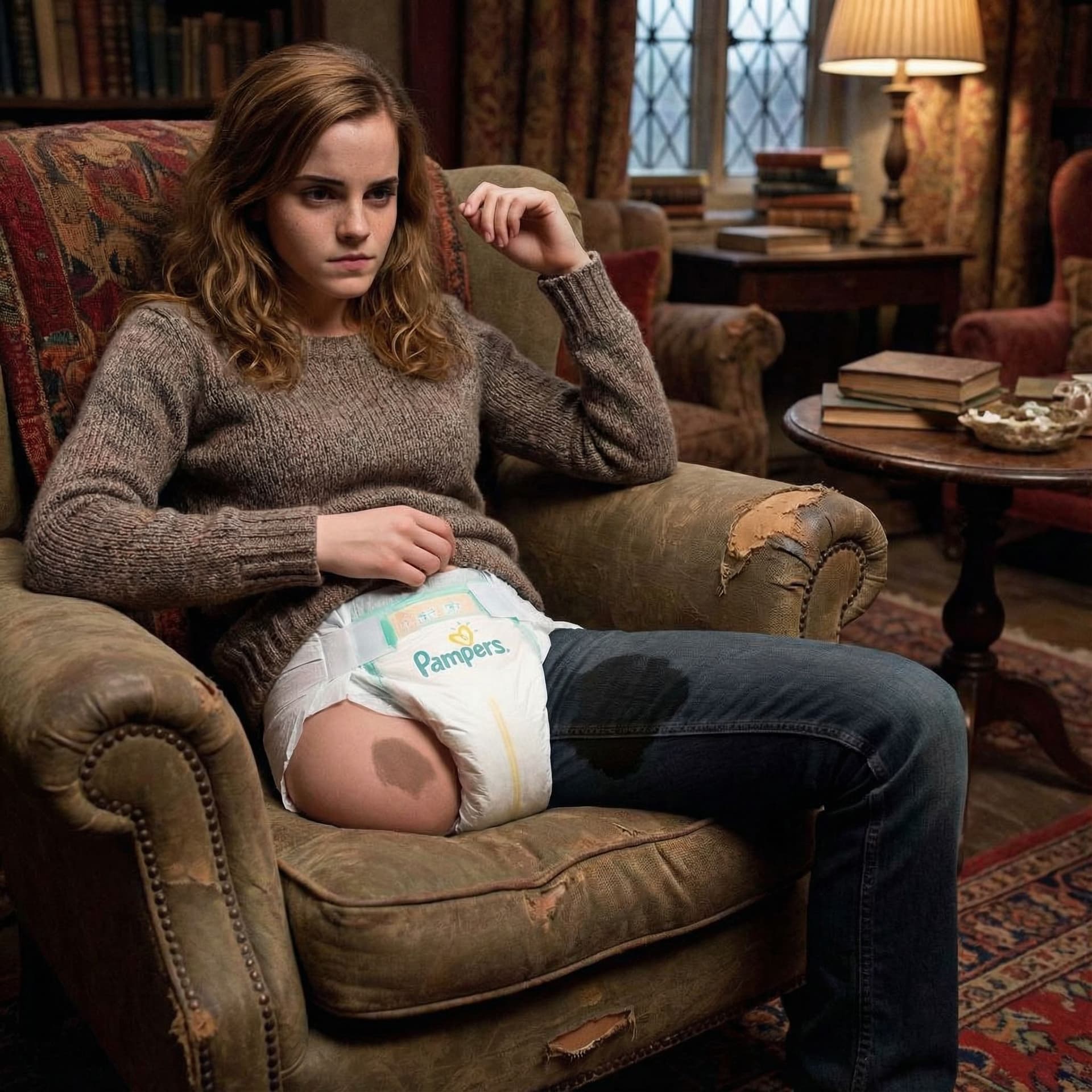 AI generated: Hermione granger, 18, thighs, Pampers, wet