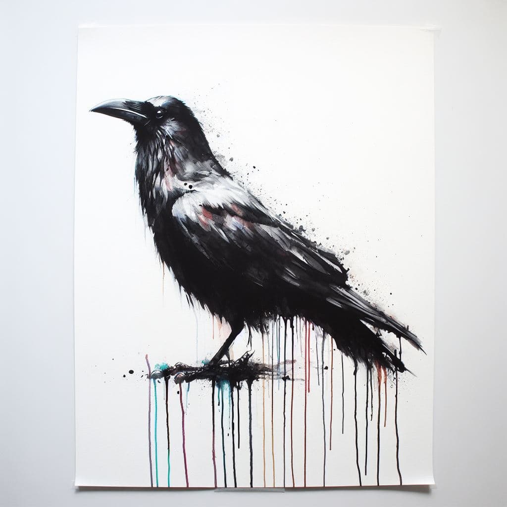 AI generated: Visualize a partially finished watercolor painting of a black crow, with wet paint still dripping fr...