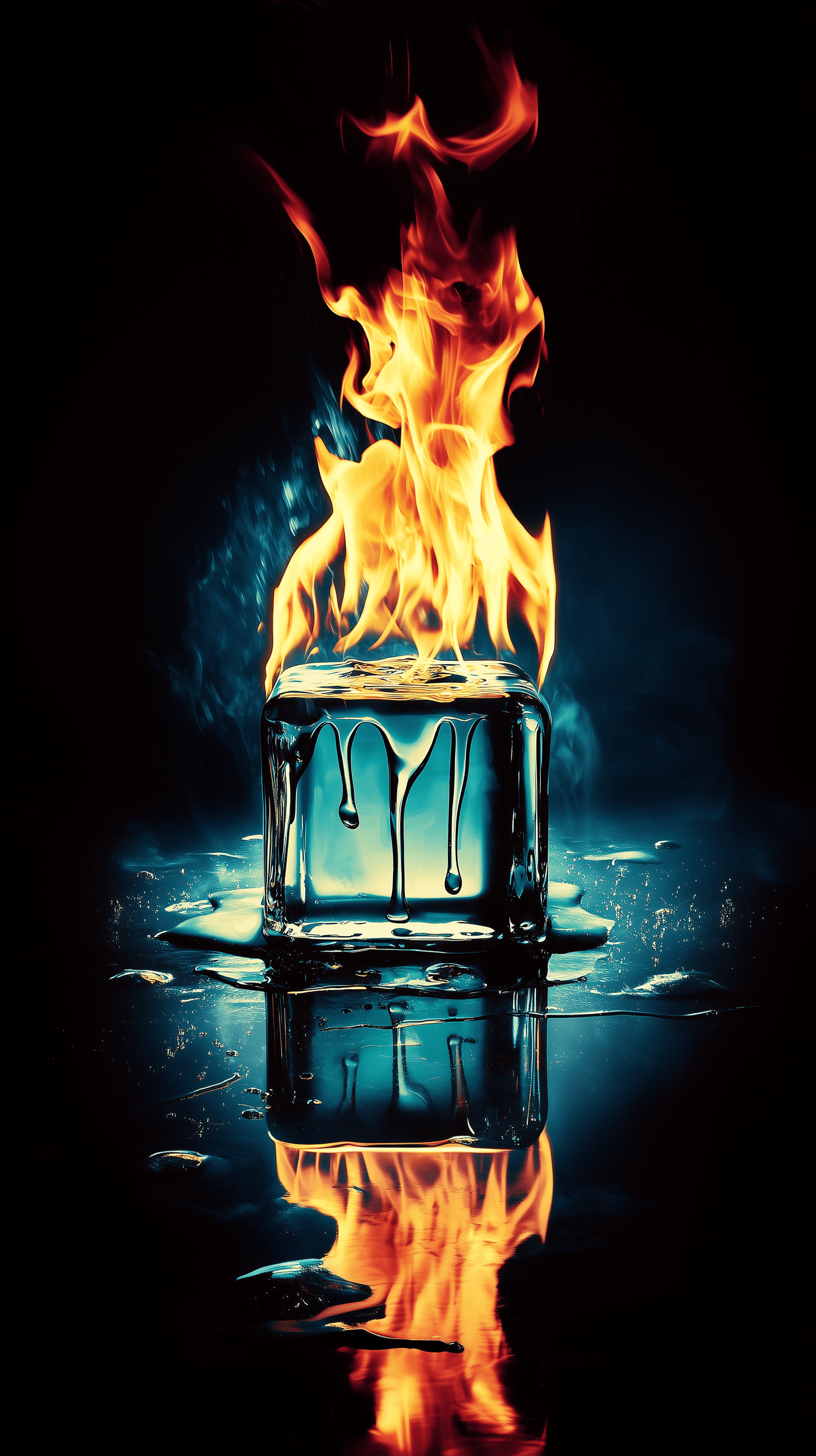 AI generated: macro shot, hyper-resolution photography, intense fire burning ice cube, deep blue to cyan color gra...