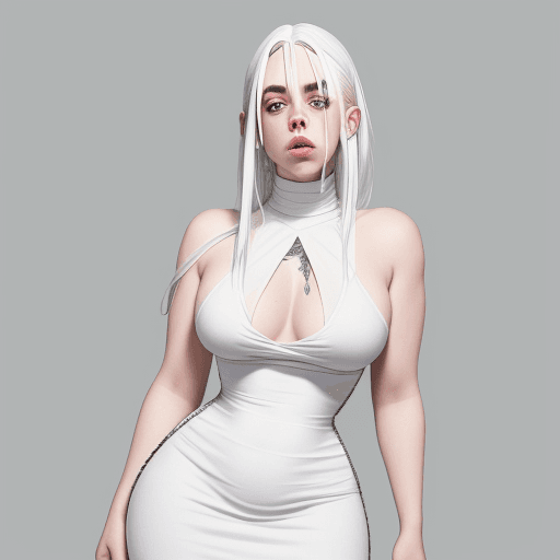 AI generated: Billie Eilish with white hair in a tight dress with big thighs and a large neckline