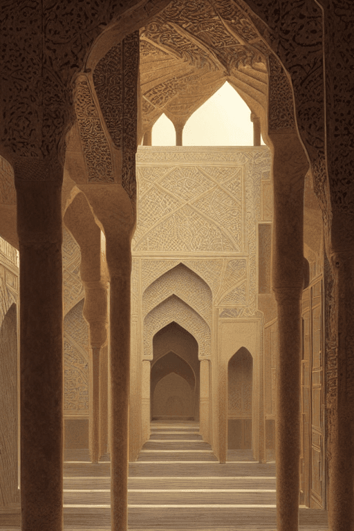 AI generated: Persian architecture, Temple volume atrium overlooking a ethereal zen garden , Sunlight from above, ...