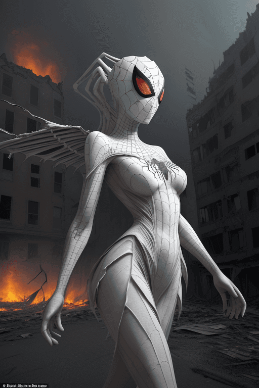 AI generated: (front view:1.2) of a graceful female Spider girl, large white wings folded down, smile, intricate s...
