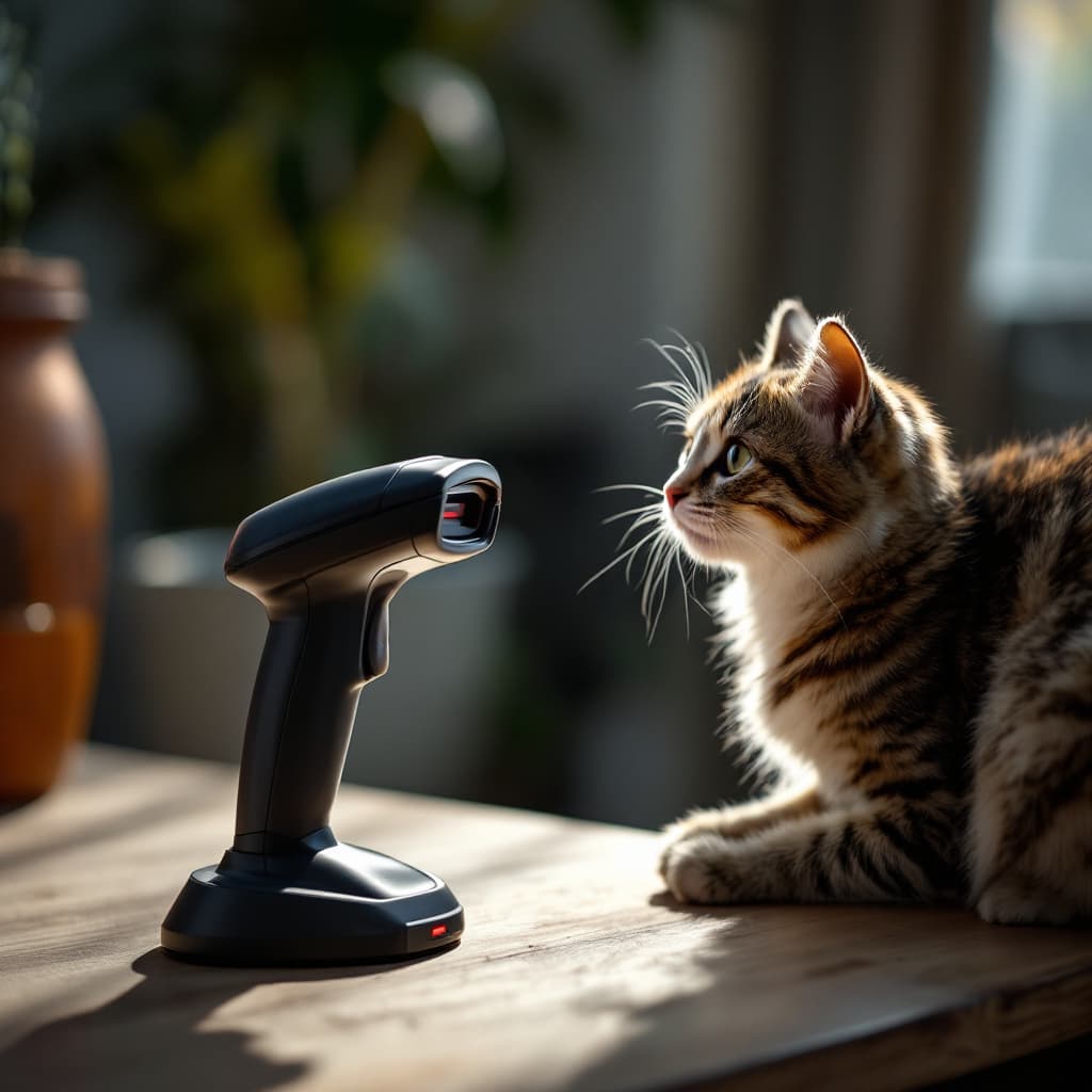 AI generated: image of the barcode scanner Datalogic Magellan 1500i 2D next to the cat morning side view —ar 4:6