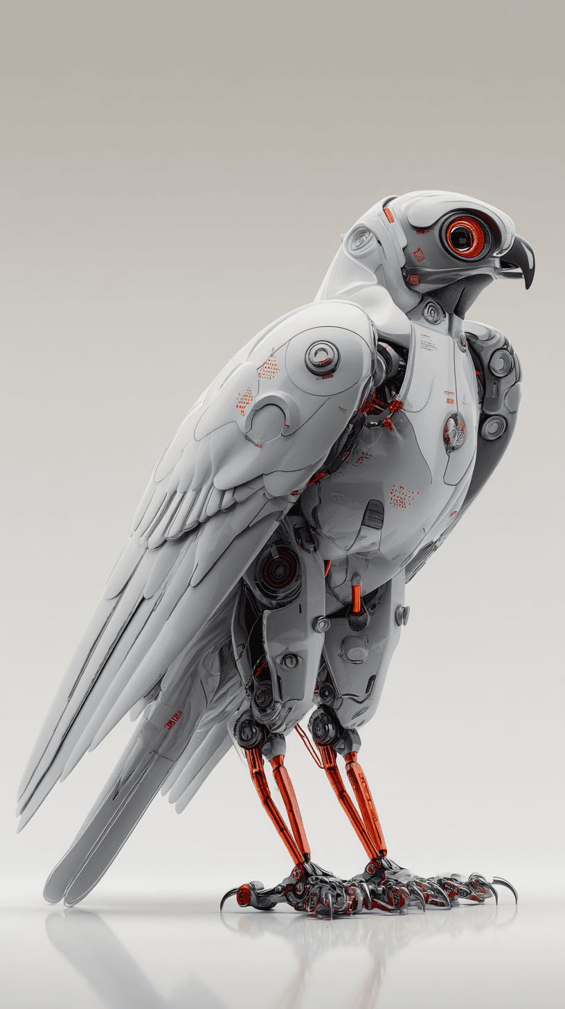 AI generated: 
A gray robotic falcon with an [extended mechanical wing], standing on two legs in a slightly dynam...