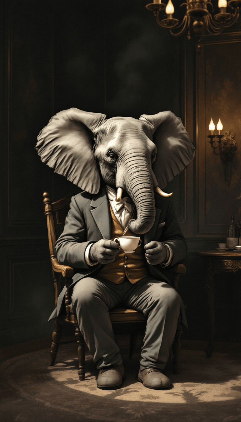 AI generated: Realistic illustration of an African elephant wearing a classic men's vintage suit — including a tai...