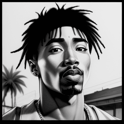 AI generated: wide shot of 2pac in compton, drawn in black and white in the style of manga artist Sho Fumimura