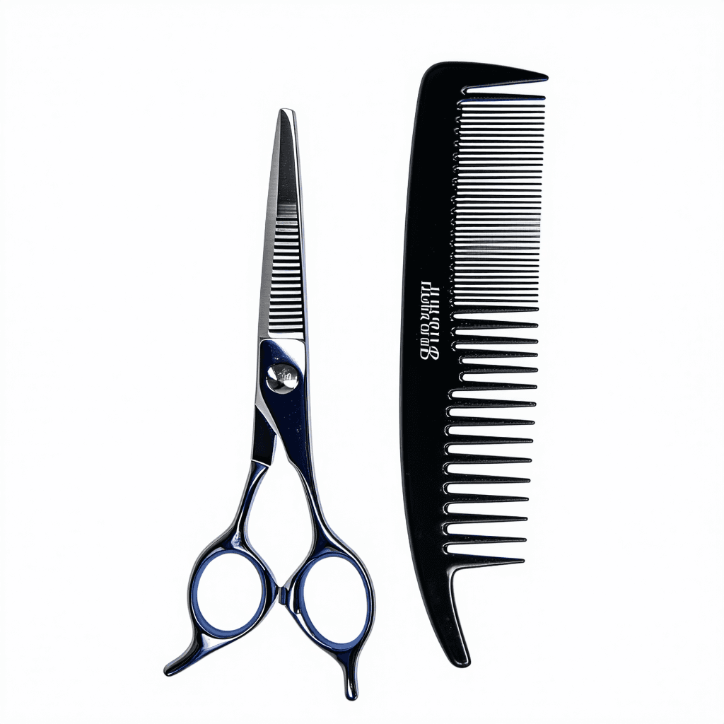 AI generated: Barber Scissors next to barber comb on a transparent background with no shadows