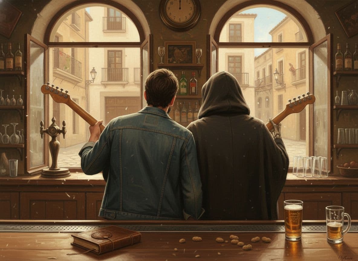 AI generated: Quiero que me des esta imagen girando la cámara 180º. Muestrame la otra parte del pub con los person...