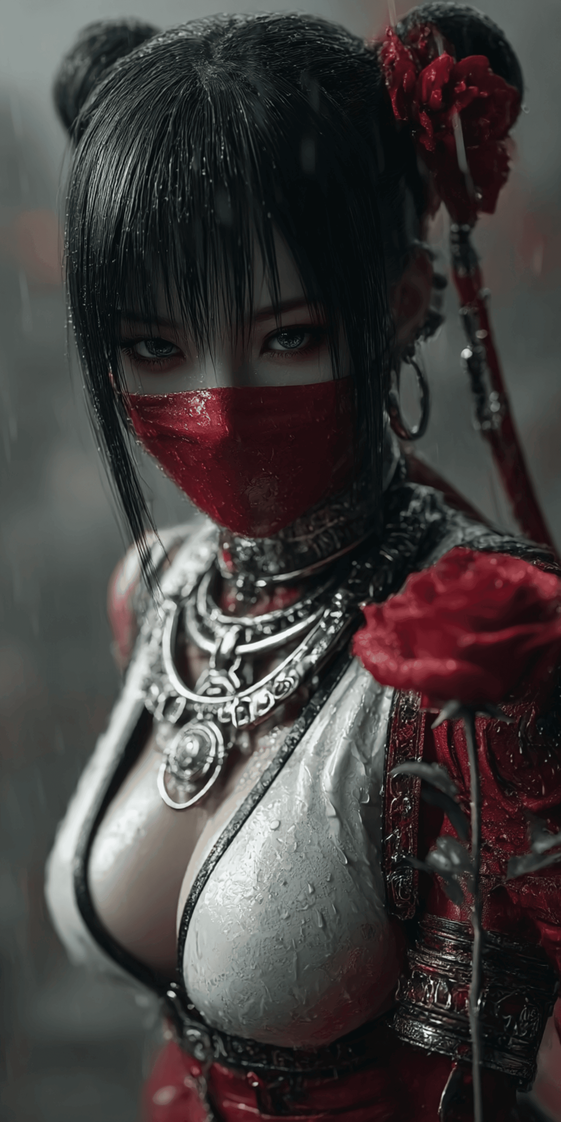 AI generated: Close-up portrait of a young Asian woman, 20s, with intricate makeup and a red face mask,  hair styl...