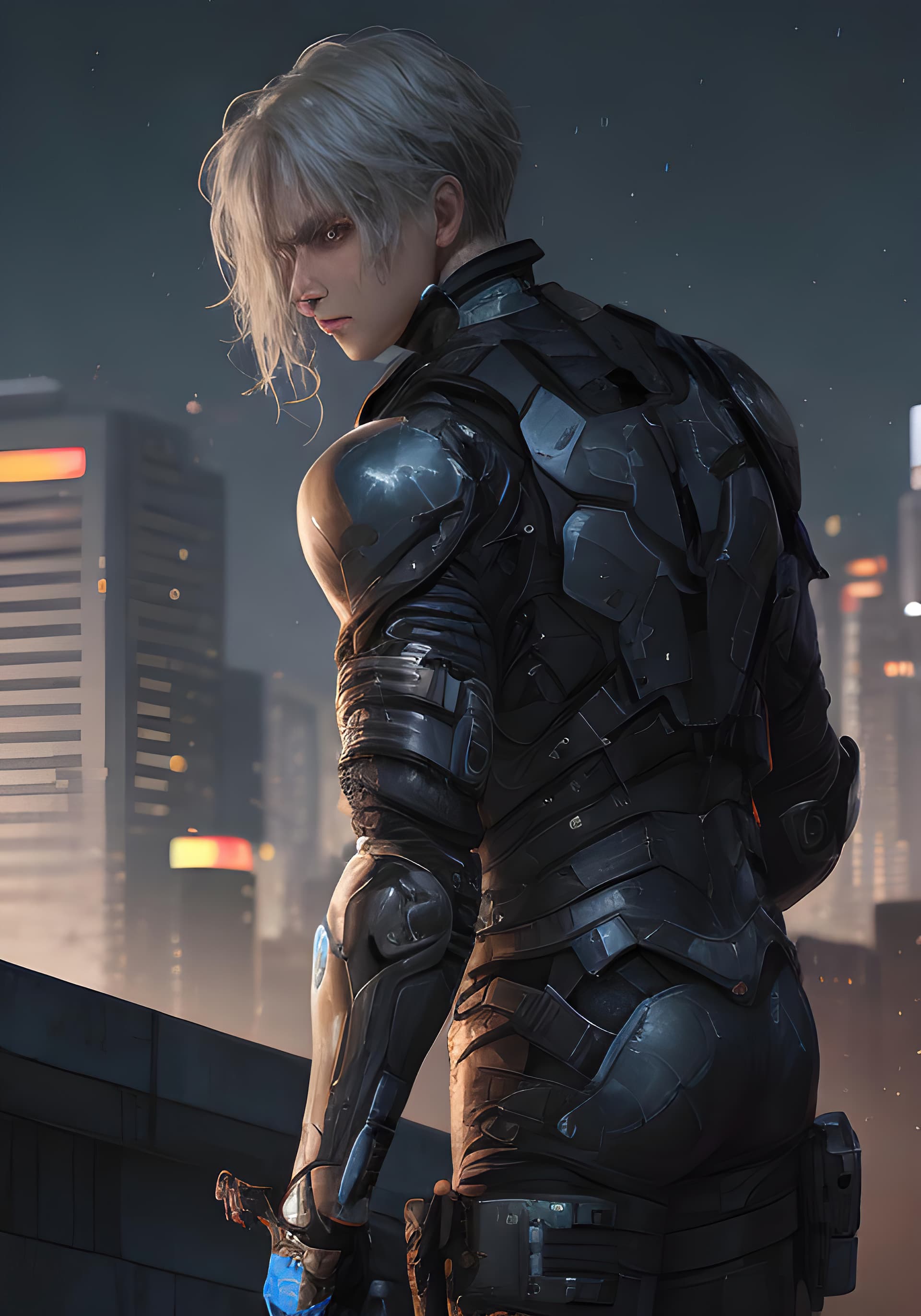 AI generated: 1 boy, tears from the eyes : 25,(white hair), short haircut, (city ​​of the future on the background...