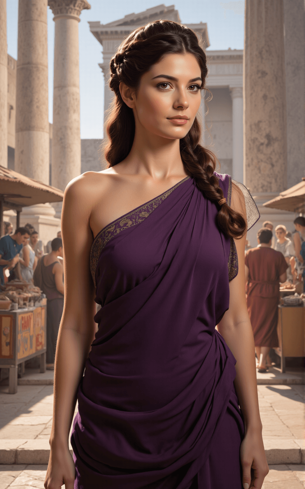 AI generated: A regal patrician Roman woman in her mid-30s stands confidently at the heart of the Forum Romanum, h...