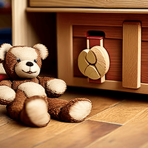 AI generated: a wooden toy box on a floor,  with a small puzzled teddy bear propped up inside. high detail.