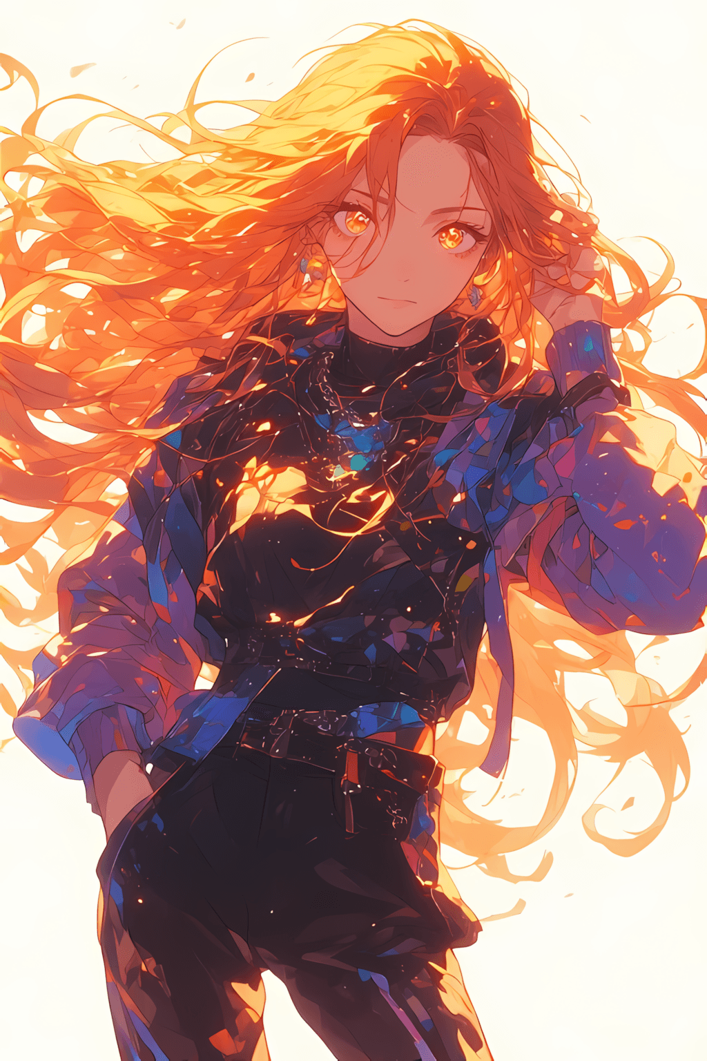AI generated: stunning anime-style young woman with long, iridescent orange hair floating dynamically in the air, ...