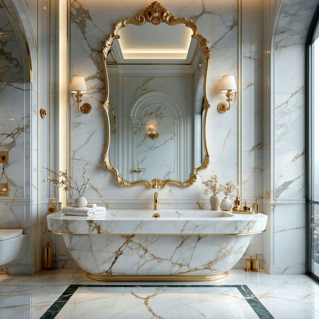 AI generated: visualize a modern luxury bathroom interior from a front-view perspective, features an elegant white...