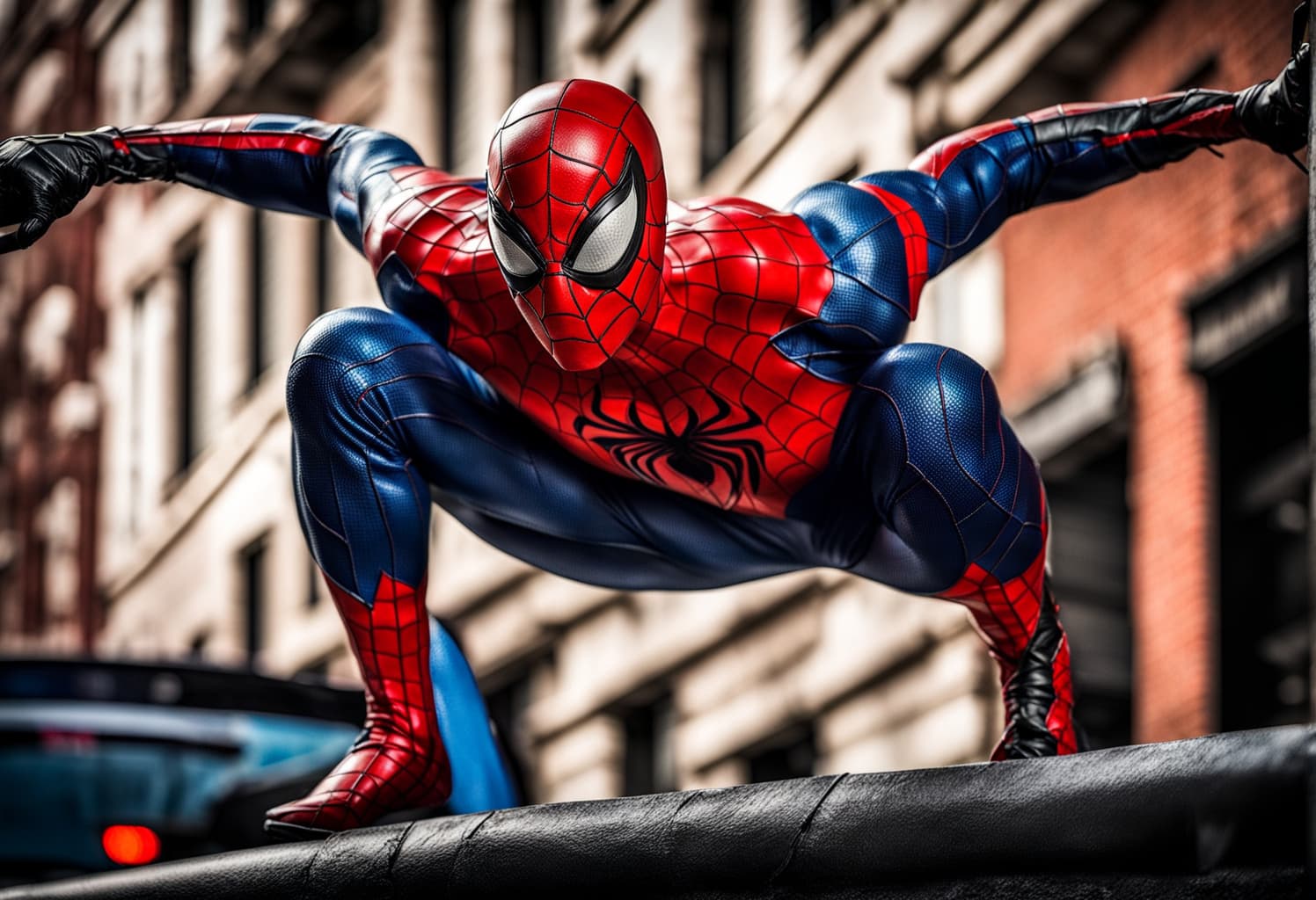 AI generated: 200mm RAW portrait photo, spiderman , (the iconic red and blue livery suit), dynamic pose, anatomica...